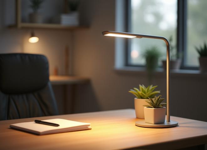 Adjustable full-spectrum desk lamp with touch controls on a clean desk workspace.