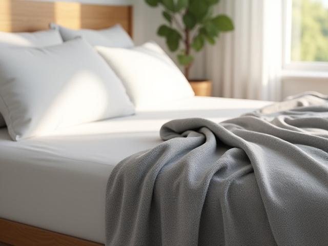 Luxurious, soft grey weighted blanket draped over a minimalist bed.