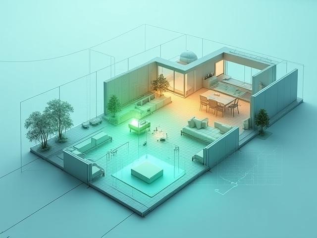 A screen displaying environmental sensor data for air quality, light levels, and sound, overlaid on a blueprint of a modern home.