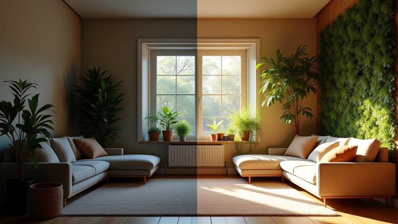 Before and after of the Elmwood Residence living area, showcasing a transformed, healthier space